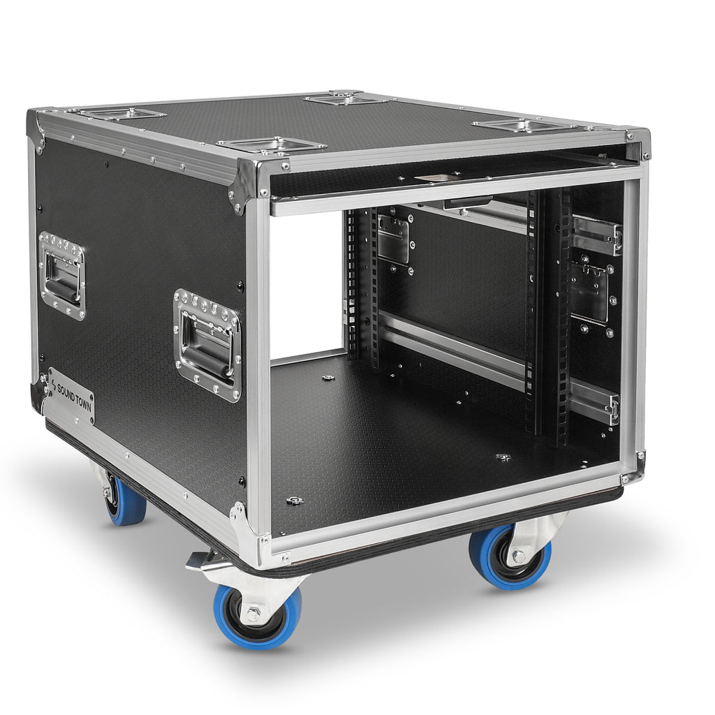 Sound Town STPR-8 | 8U Slam Rack Road Case with Retractable Sliding Doors, Adjustable Depth, Stackable, Casters, 12mm PVC-Laminated Plywood, for PA/DJ Gear - Right Angle 