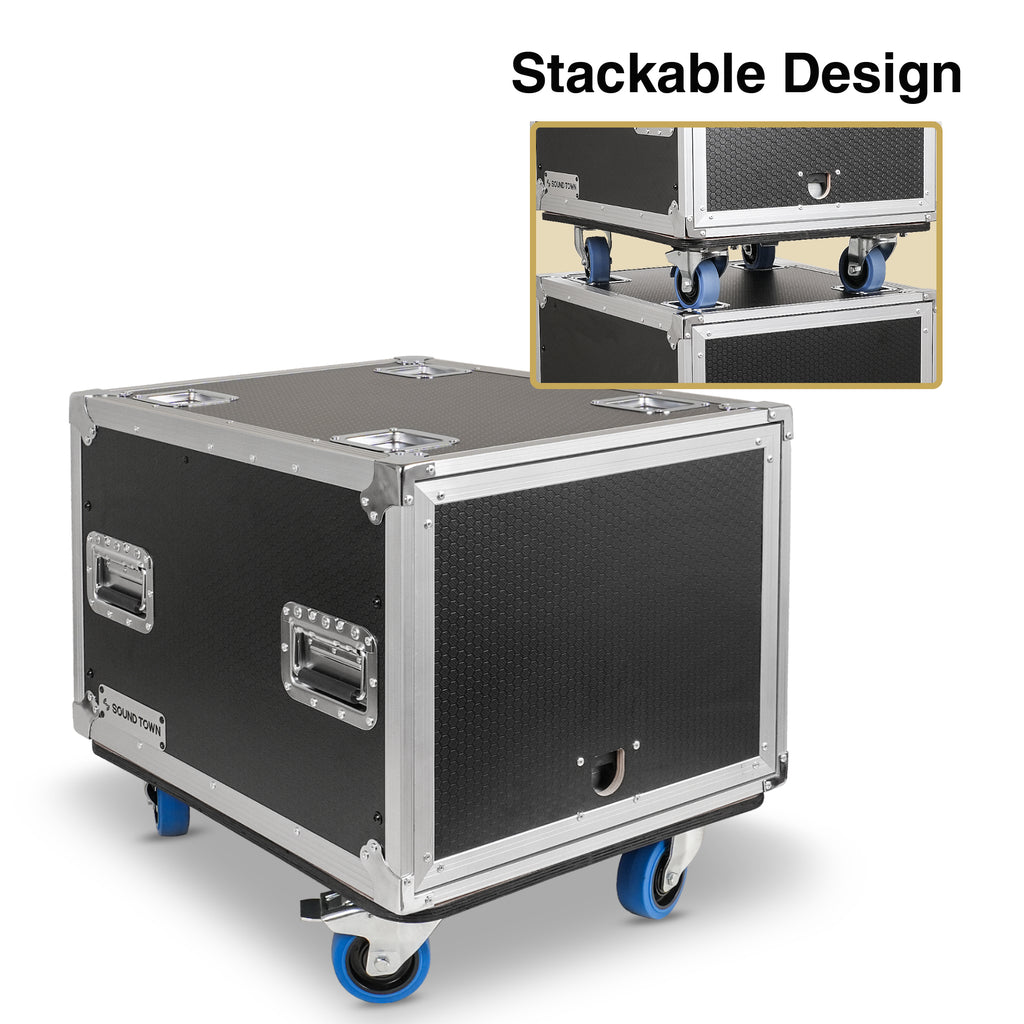 Sound Town STPR-8 | 8U Slam Rack Road Case with Retractable Sliding Doors, Adjustable Depth, Casters, 12mm PVC-Laminated Plywood, for PA/DJ Gear - Stackable Design