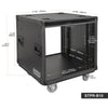 Sound Town STPR-B10 | Black Series 10U Slam Rack Road Case with Retractable Sliding Doors, Rackable Depth 19.37", Casters, 3/8" PVC-Laminated Plywood for PA/DJ Gear - Size and Dimensions