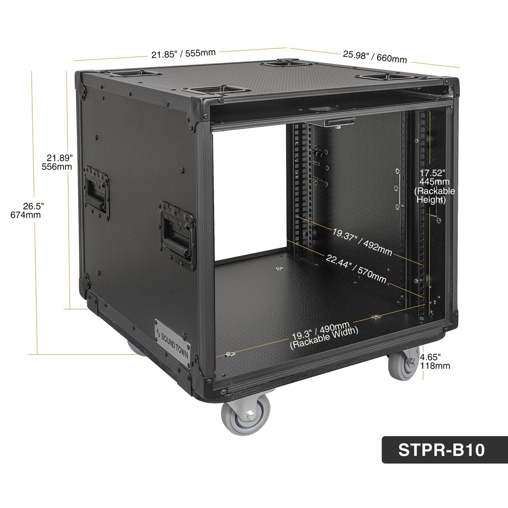 Sound Town STPR-B10 | Black Series 10U Slam Rack Road Case with Retractable Sliding Doors, Rackable Depth 19.37", Casters, 3/8" PVC-Laminated Plywood for PA/DJ Gear - Size and Dimensions
