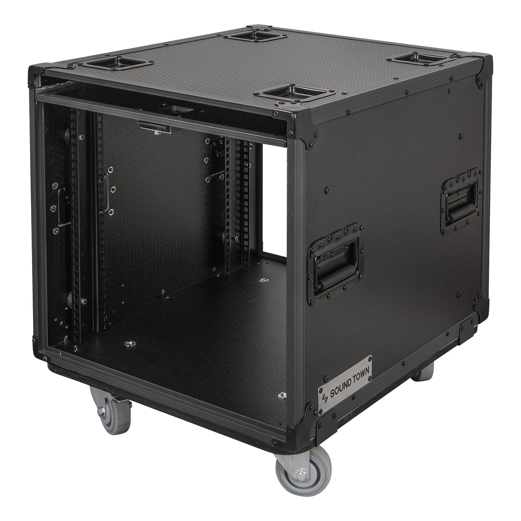 Sound Town STPR-B10 | Black Series 10U Slam Rack Road Case with Retractable Sliding Doors, Rackable Depth 19.37", Casters, 3/8" PVC-Laminated Plywood for PA/DJ Gear - Left View