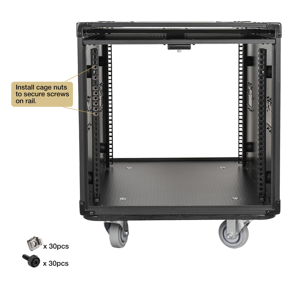 Sound Town STPR-B10 | Black Series 10U Slam Rack Road Case with Retractable Sliding Doors, Rackable Depth 19.37", Casters, 3/8" PVC-Laminated Plywood for PA/DJ Gear - Rack Rails, Included cage nuts and screws