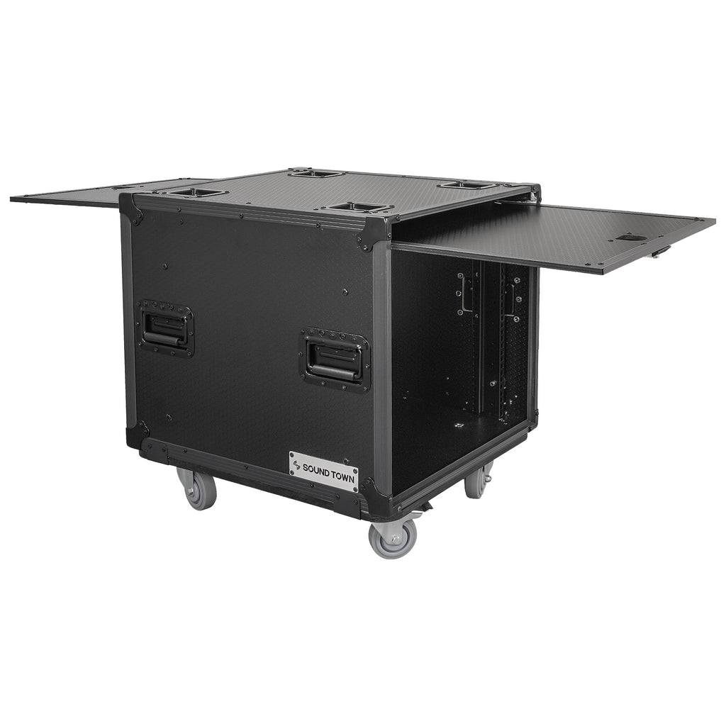 Sound Town STPR-B10 | Black Series 10U Slam Rack Road Case with Retractable Sliding Doors, Rackable Depth 19.37", Casters, 3/8" PVC-Laminated Plywood for PA/DJ Gear - Right View, Open Doors