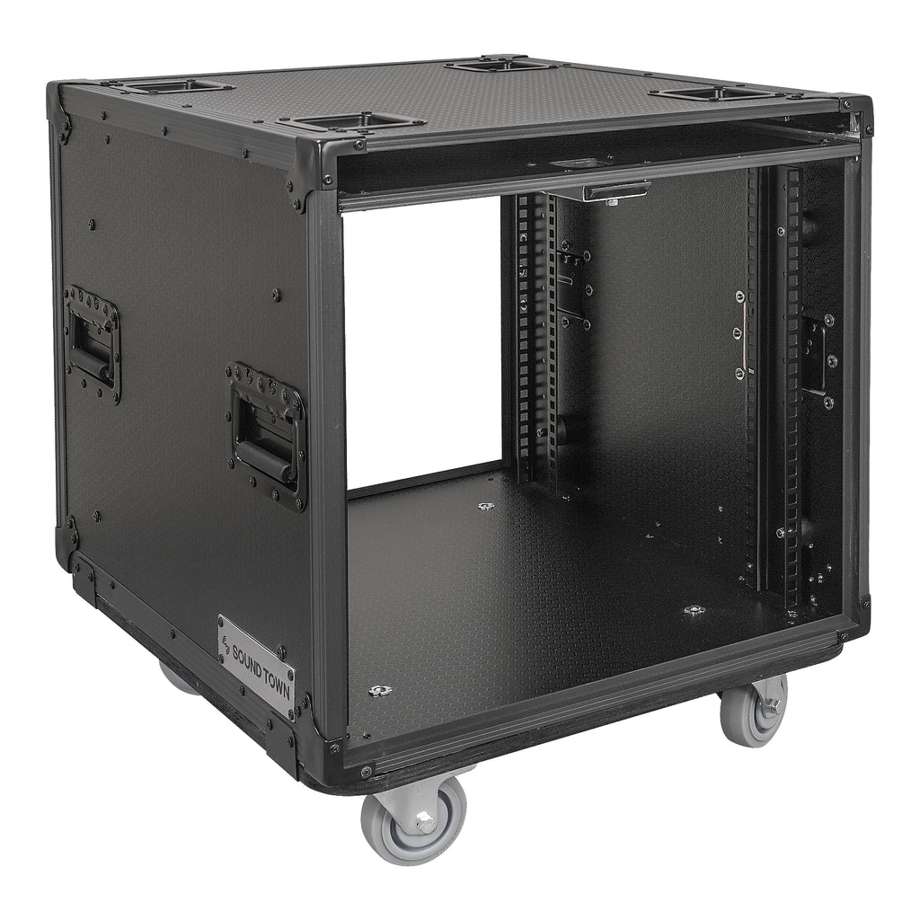 Sound Town STPR-B10 | Black Series 10U Slam Rack Road Case with Retractable Sliding Doors, Rackable Depth 19.37", Casters, 3/8" PVC-Laminated Plywood for PA/DJ Gear - Right View