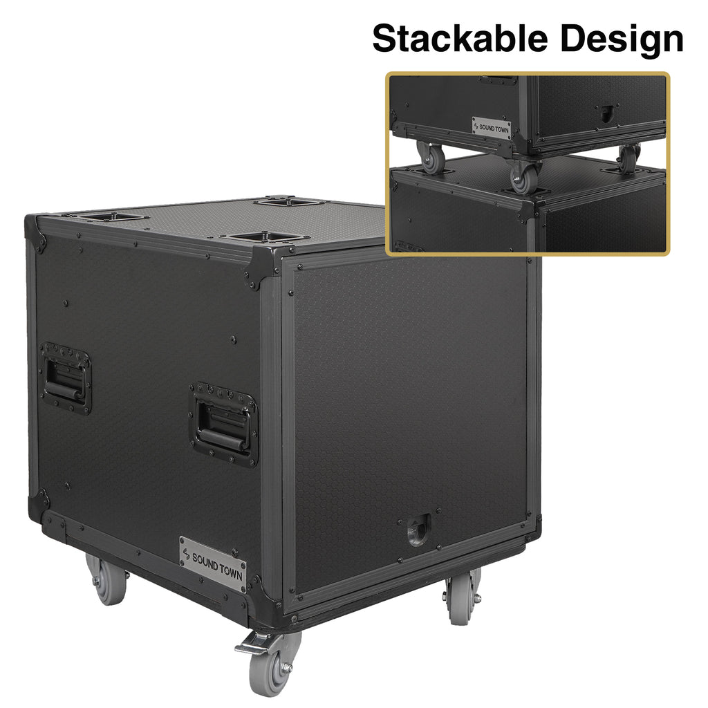 Sound Town STPR-B10 | Black Series 10U Slam Rack Road Case with Retractable Sliding Doors, Rackable Depth 19.37", Casters, 3/8" PVC-Laminated Plywood for PA/DJ Gear - Stackable Design