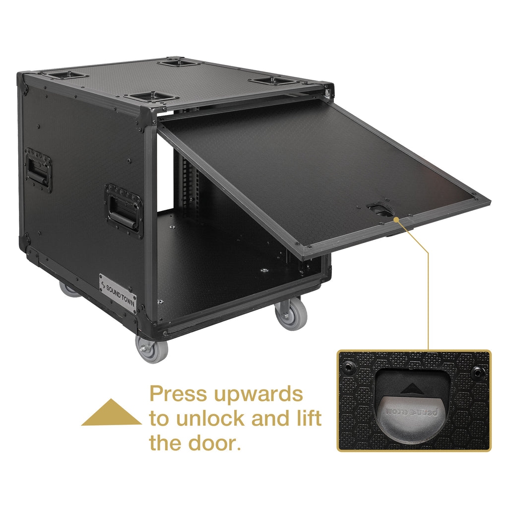 Sound Town STPR-B10 | Black Series 10U Slam Rack Road Case with Retractable Sliding Doors, Rackable Depth 19.37", Casters, 3/8" PVC-Laminated Plywood for PA/DJ Gear - Press to Unlock