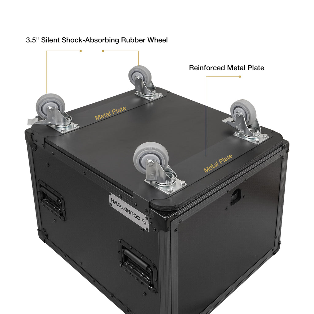 Sound Town STPR-B12 | Black Series 12U Slam Rack Road Case with Retractable Sliding Doors, Rackable Depth 21.46", Casters, 3/8" PVC-Laminated Plywood for PA/DJ Gear - Caster Wheels, Reinforced Metal Plates