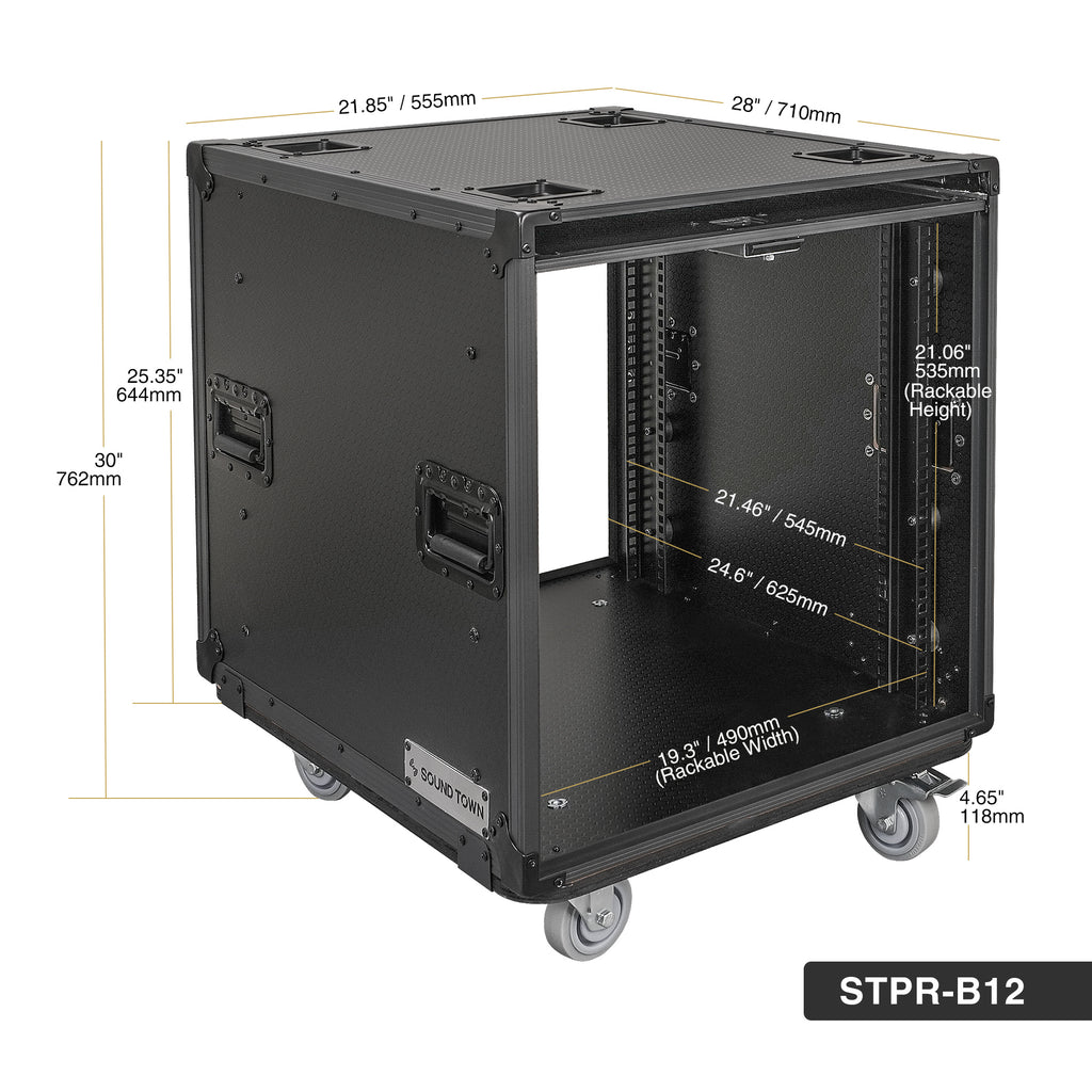Sound Town STPR-B12 | Black Series 12U Slam Rack Road Case with Retractable Sliding Doors, Rackable Depth 21.46", Casters, 3/8" PVC-Laminated Plywood for PA/DJ Gear - Size and Dimensions