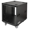 Sound Town STPR-B12 | Black Series 12U Slam Rack Road Case with Retractable Sliding Doors, Rackable Depth 21.46", Casters, 3/8" PVC-Laminated Plywood for PA/DJ Gear - Left View