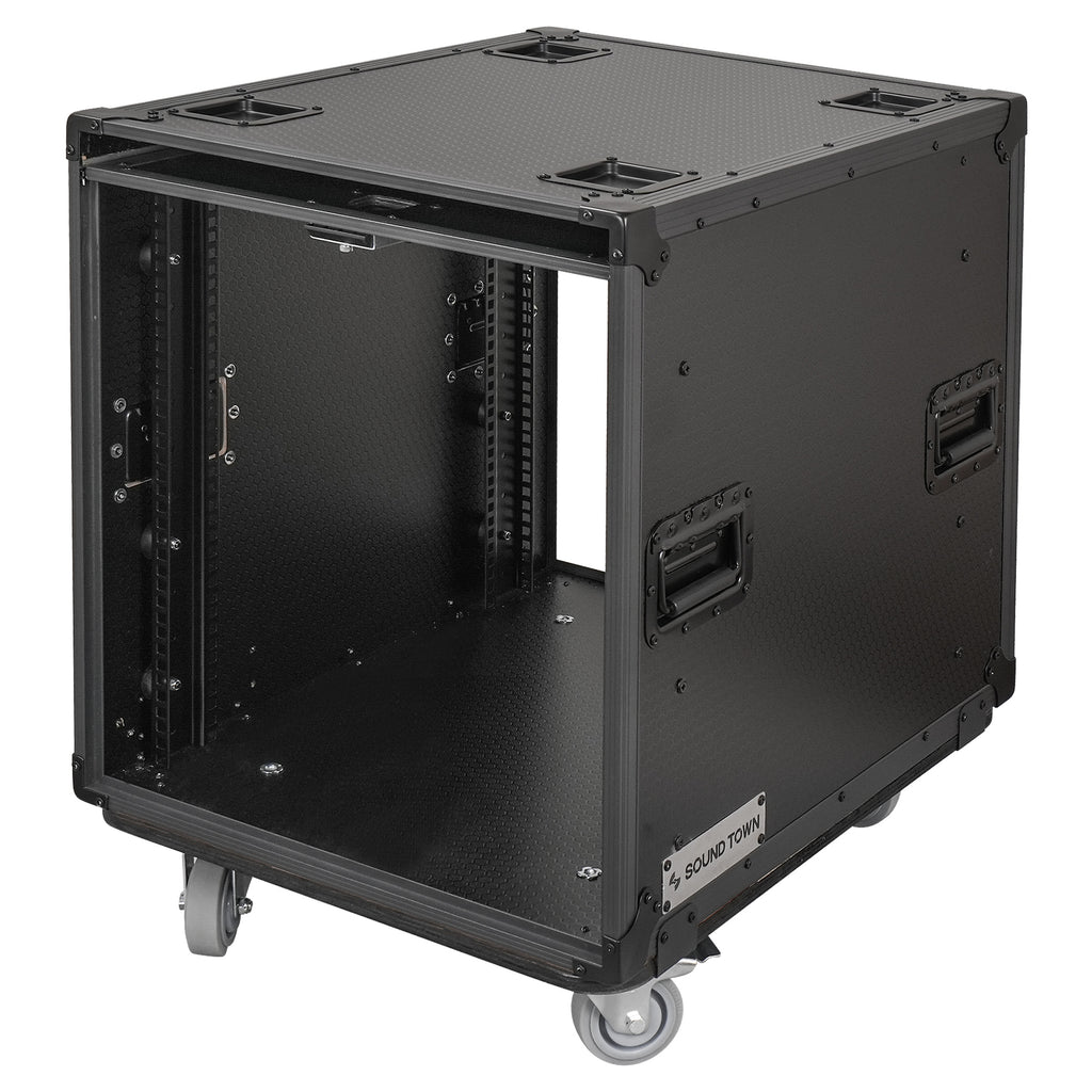 Sound Town STPR-B12 | Black Series 12U Slam Rack Road Case with Retractable Sliding Doors, Rackable Depth 21.46", Casters, 3/8" PVC-Laminated Plywood for PA/DJ Gear - Left View
