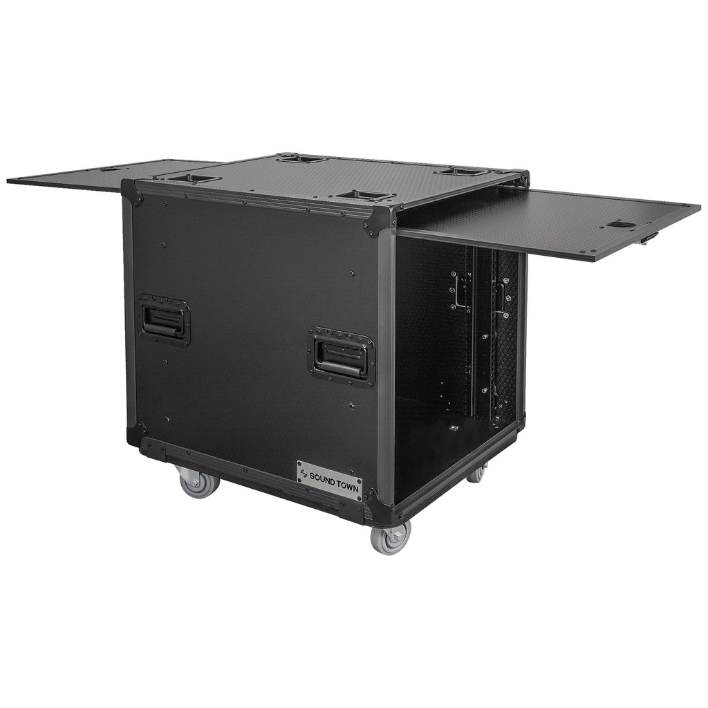 Sound Town STPR-B12 | Black Series 12U Slam Rack Road Case with Retractable Sliding Doors, Rackable Depth 21.46", Casters, 3/8" PVC-Laminated Plywood for PA/DJ Gear - Right View, Open Doors