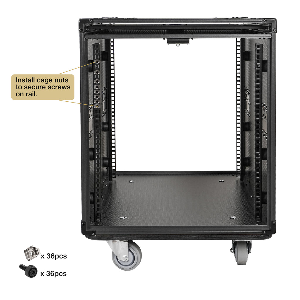 Sound Town STPR-B12 | Black Series 12U Slam Rack Road Case with Retractable Sliding Doors, Rackable Depth 21.46", Casters, 3/8" PVC-Laminated Plywood for PA/DJ Gear - Rack Rails, Included cage nuts and screws