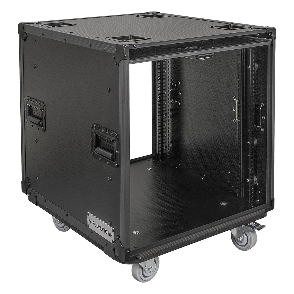 Sound Town STPR-B12 | Black Series 12U Slam Rack Road Case with Retractable Sliding Doors, Rackable Depth 21.46", Casters, 3/8" PVC-Laminated Plywood for PA/DJ Gear - Right View