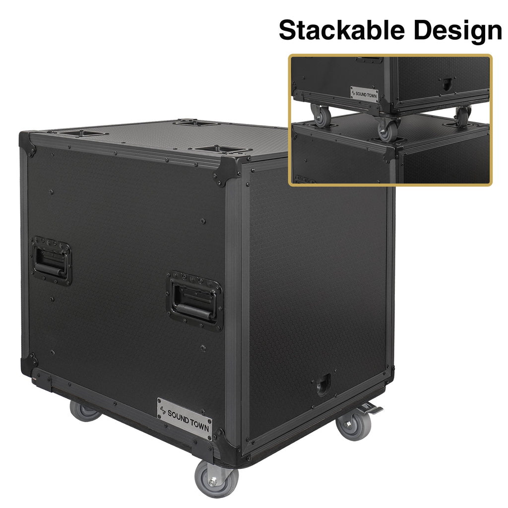 Sound Town STPR-B12 | Black Series 12U Slam Rack Road Case with Retractable Sliding Doors, Rackable Depth 21.46", Casters, 3/8" PVC-Laminated Plywood for PA/DJ Gear - Stackable Design