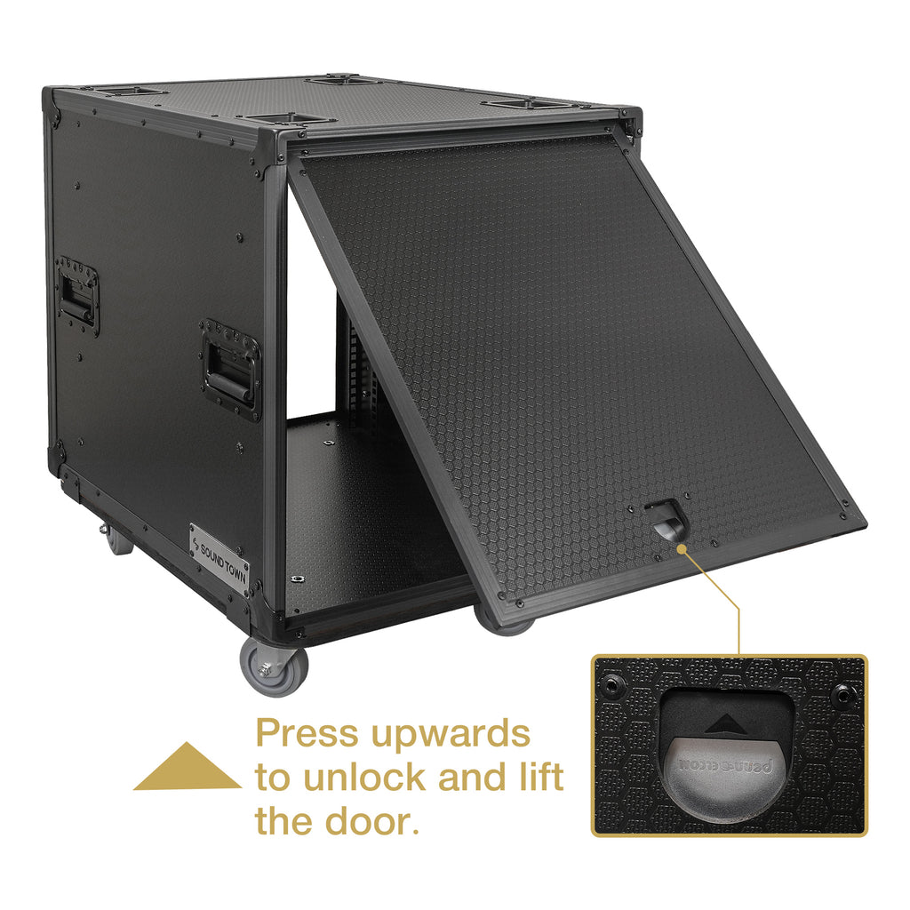 Sound Town STPR-B12 | Black Series 12U Slam Rack Road Case with Retractable Sliding Doors, Rackable Depth 21.46", Casters, 3/8" PVC-Laminated Plywood for PA/DJ Gear - Press to Unlock