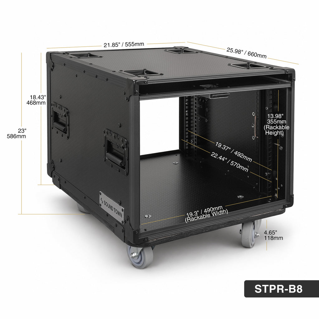 Sound Town STPR-B8 | Black Series 8U Slam Rack Road Case with Retractable Sliding Doors, Rackable Depth 19.37", Casters, 3/8" PVC-Laminated Plywood for PA/DJ Gear - Size and Dimensions