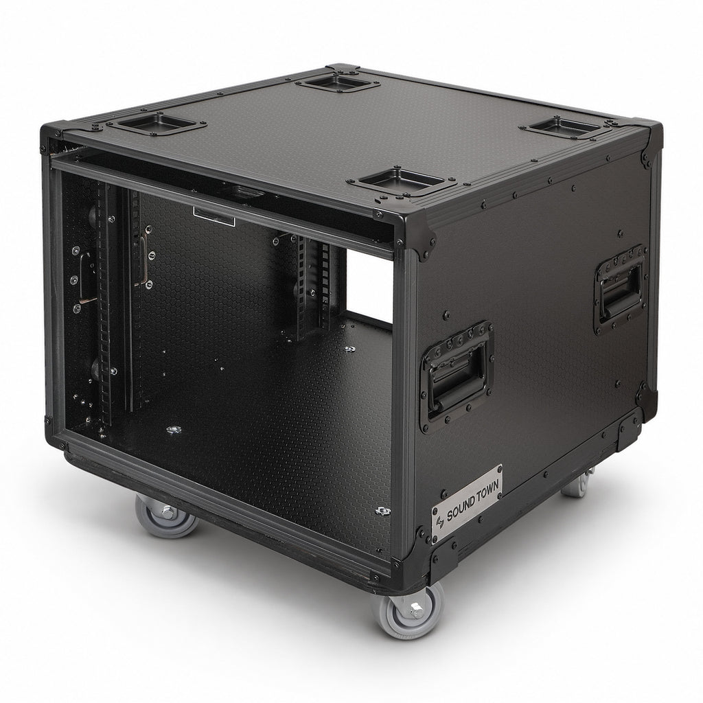 Sound Town STPR-B8 | Black Series 8U Slam Rack Road Case with Retractable Sliding Doors, Rackable Depth 19.37", Casters, 3/8" PVC-Laminated Plywood for PA/DJ Gear - Left View