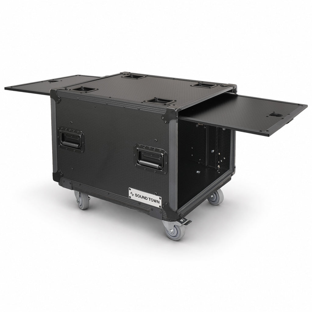 Sound Town STPR-B8 | Black Series 8U Slam Rack Road Case with Retractable Sliding Doors, Rackable Depth 19.37", Casters, 3/8" PVC-Laminated Plywood for PA/DJ Gear - Right View, Open Doors