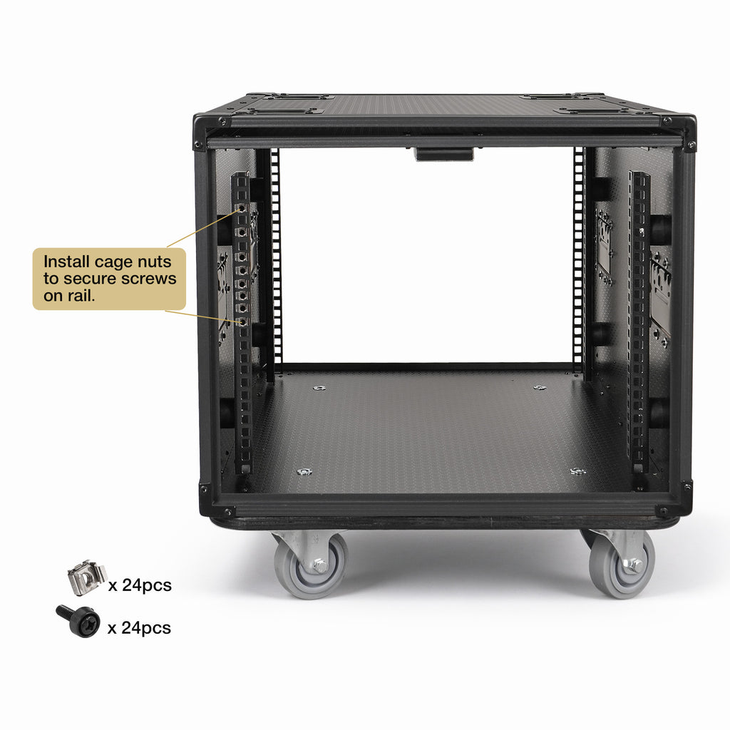 Sound Town STPR-B8 | Black Series 8U Slam Rack Road Case with Retractable Sliding Doors, Rackable Depth 19.37", Casters, 3/8" PVC-Laminated Plywood for PA/DJ Gear - Rack Rails, Included cage nuts and screws