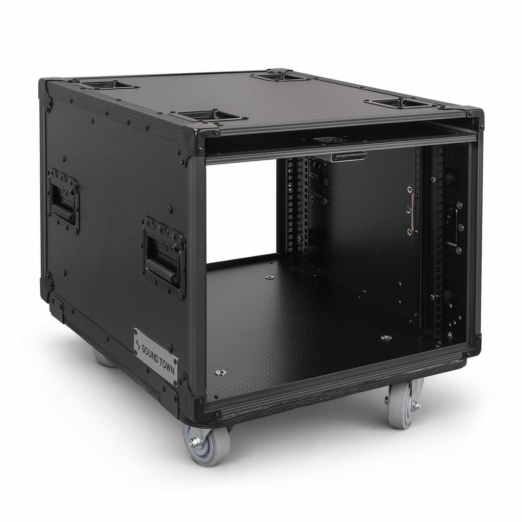 Sound Town STPR-B8 | Black Series 8U Slam Rack Road Case with Retractable Sliding Doors, Rackable Depth 19.37", Casters, 3/8" PVC-Laminated Plywood for PA/DJ Gear - Right View
