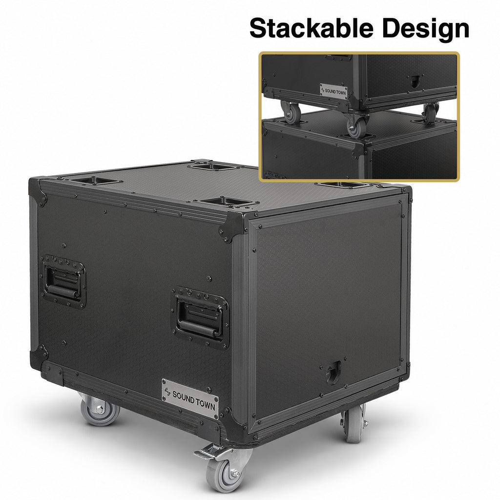 Sound Town STPR-B8 | Black Series 8U Slam Rack Road Case with Retractable Sliding Doors, Rackable Depth 19.37", Casters, 3/8" PVC-Laminated Plywood for PA/DJ Gear - Stackable Design