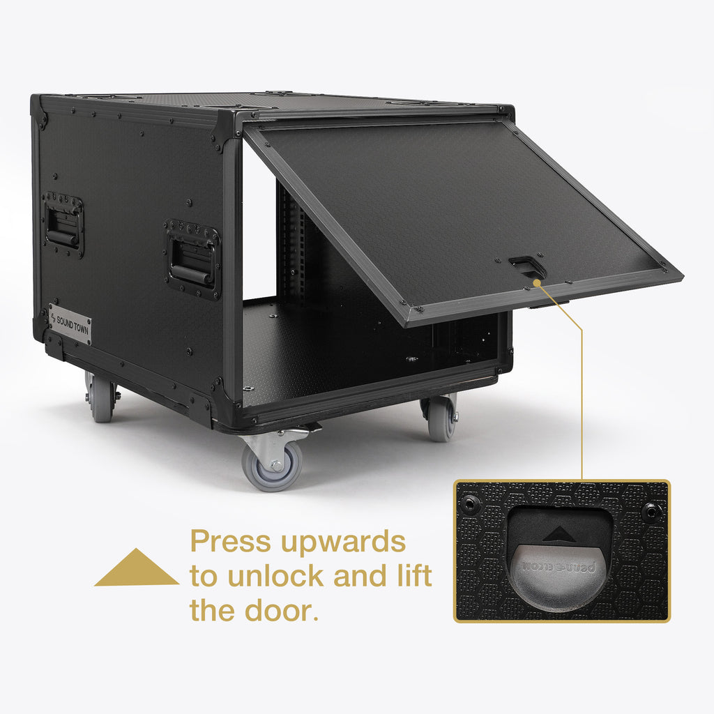Sound Town STPR-B8 | Black Series 8U Slam Rack Road Case with Retractable Sliding Doors, Rackable Depth 19.37", Casters, 3/8" PVC-Laminated Plywood for PA/DJ Gear - Press to Unlock