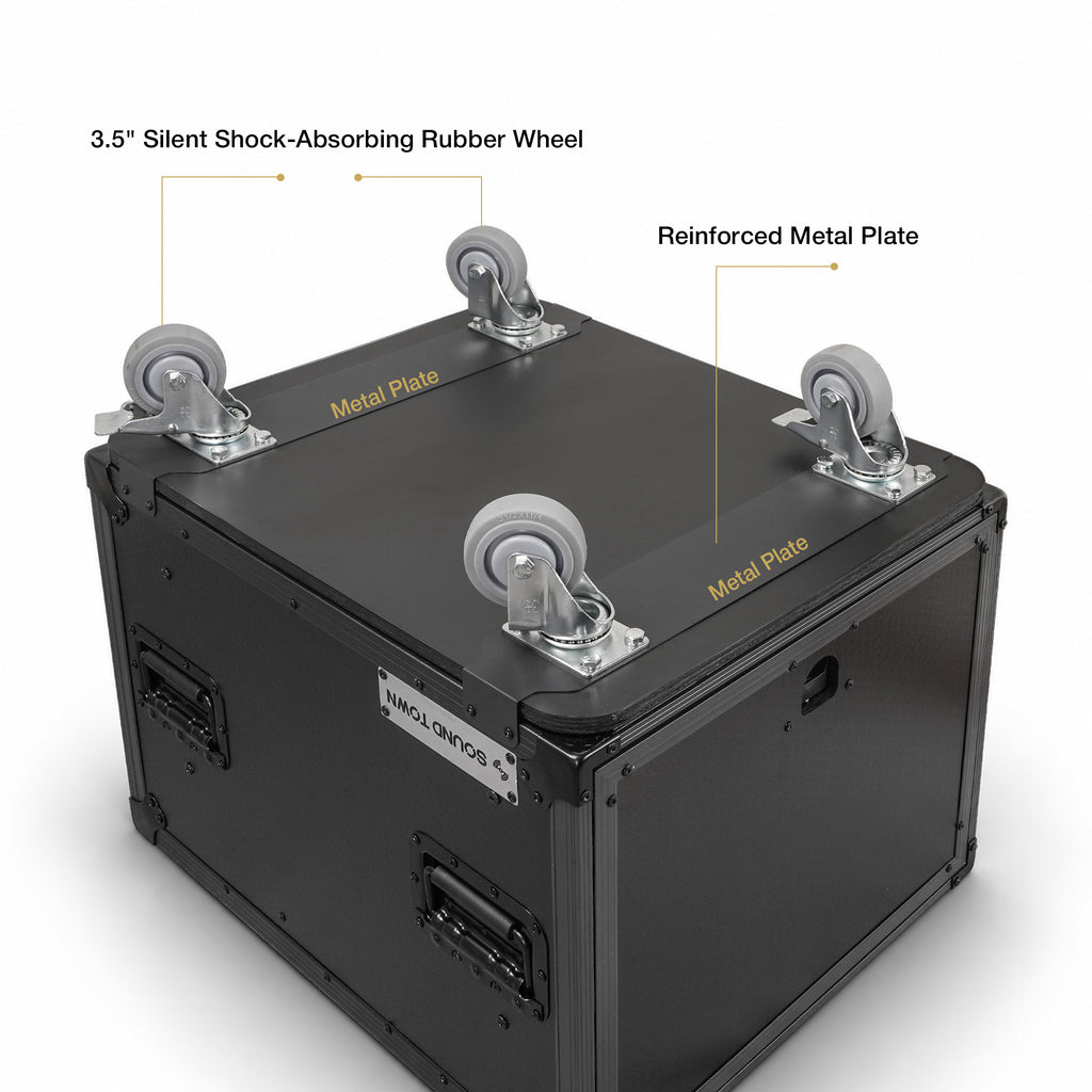 Sound Town STPR-B8 | Black Series 8U Slam Rack Road Case with Retractable Sliding Doors, Rackable Depth 19.37", Casters, 3/8" PVC-Laminated Plywood for PA/DJ Gear - Caster Wheels, Reinforced Metal Plates