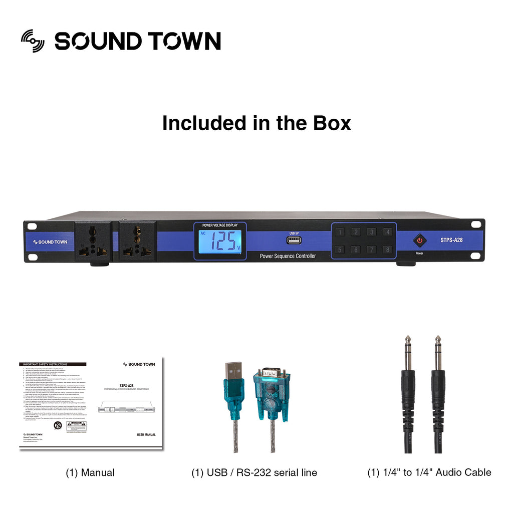 Sound Town STPS-A28 Rack-Mountable AC Power Sequencer w/ 10 Outlets, Aluminum Panel, Surge Protection, for Stage, Studio, Home Theater - Included in the box, package contents