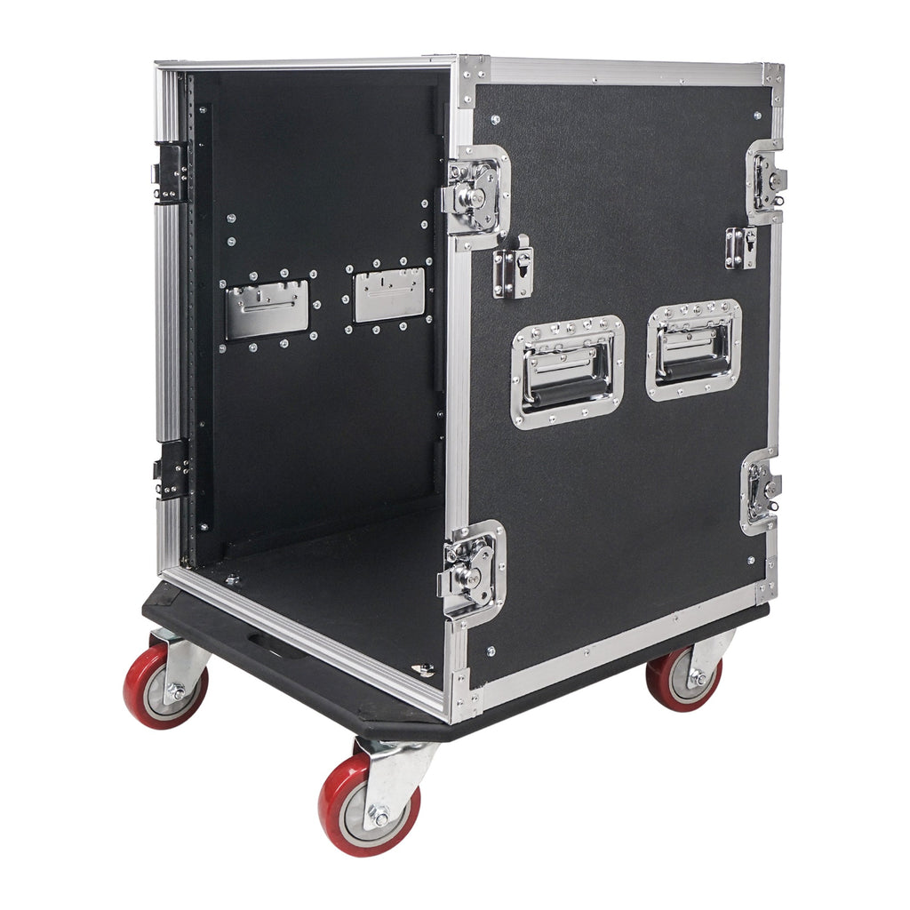 Sound Town STRC-14UWT2-R | REFURBISHED: 14U Space PA/DJ Rack/Road Case with 17" Depth, Two DJ Work Tables, Casters, Plywood, Metal Ball Corners - Live Events