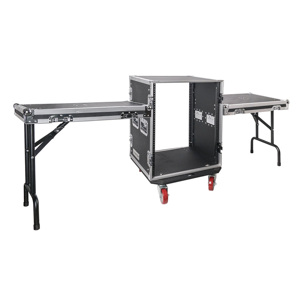 Sound Town STRC-14UWT2-R | REFURBISHED: 14U Space PA/DJ Rack/Road Case with 17" Depth, Two DJ Work Tables, Casters, Plywood, Metal Ball Corners - Side Workstation