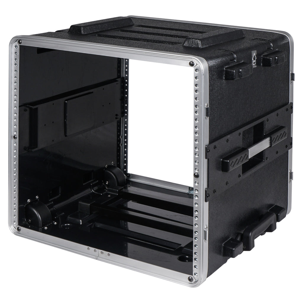 Sound Town STRC-A10UT-R | REFURBISHED: Lightweight and Compact 10U PA/DJ ABS Road Case w/ 9U Rack Space, 19” Depth, Retractable Handle, Wheels, Heavy-Duty Latches - Internal Compartment