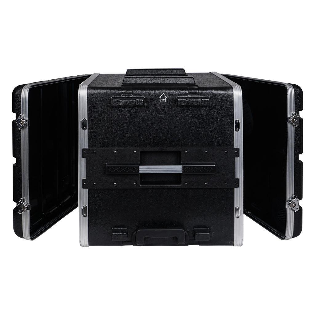 Sound Town STRC-A10UT-R | REFURBISHED: Lightweight and Compact 10U PA/DJ ABS Road Case w/ 9U Rack Space, 19” Depth, Retractable Handle, Wheels, Heavy-Duty Latches - Tope and Bottom Open
