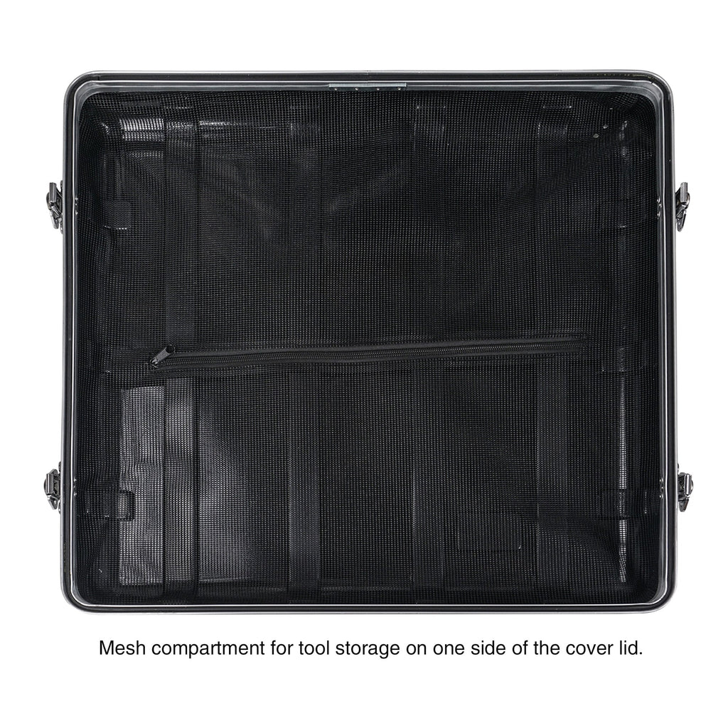 Sound Town STRC-A10UT-R | REFURBISHED: Lightweight and Compact 10U PA/DJ ABS Road Case w/ 9U Rack Space, 19” Depth, Retractable Handle, Wheels, Heavy-Duty Latches - Mesh bag compartment for tool storage on one side of the cover lid.