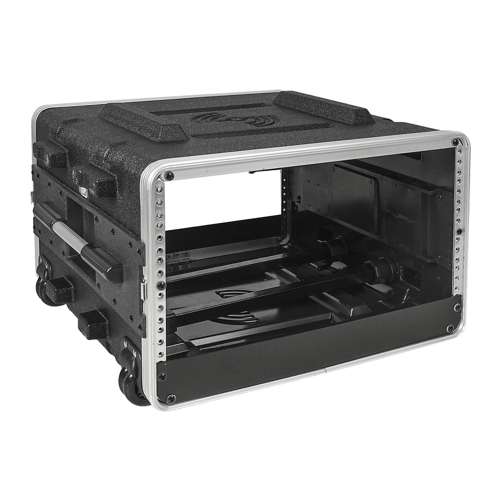 Sound Town STRC-A6UT | Lightweight and Compact 6U PA/DJ ABS Road Case w/ 5U Rack Space, 19” Depth, Retractable Handle, Wheels and Heavy-Duty Latches - Internal View with Front and Back Rack Rails
