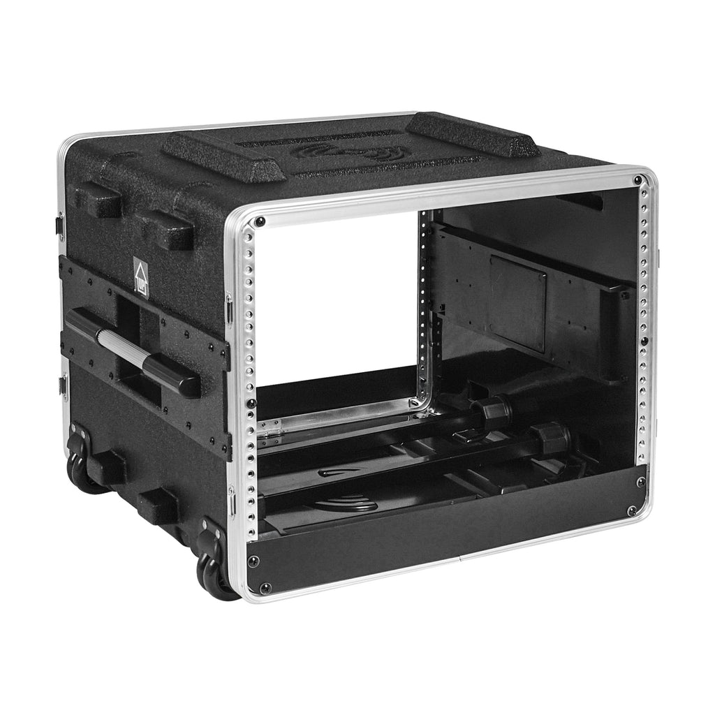 Sound Town STRC-A8UT | Lightweight and Compact 8U PA DJ ABS Road Case w/ 7U Rack Space, 19” Depth, Retractable Handle, Wheels and Heavy-Duty Latches - Internal Compartment