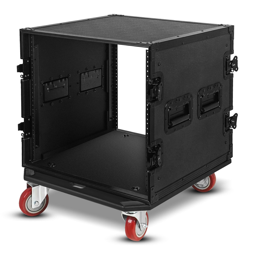 Sound Town STRC-B10UW | Black Series 10U PA/DJ Rack/Road Case with 10-Space, All-Black Anodized Hardware, Plywood, Casters, and 21” Rackable Depth.