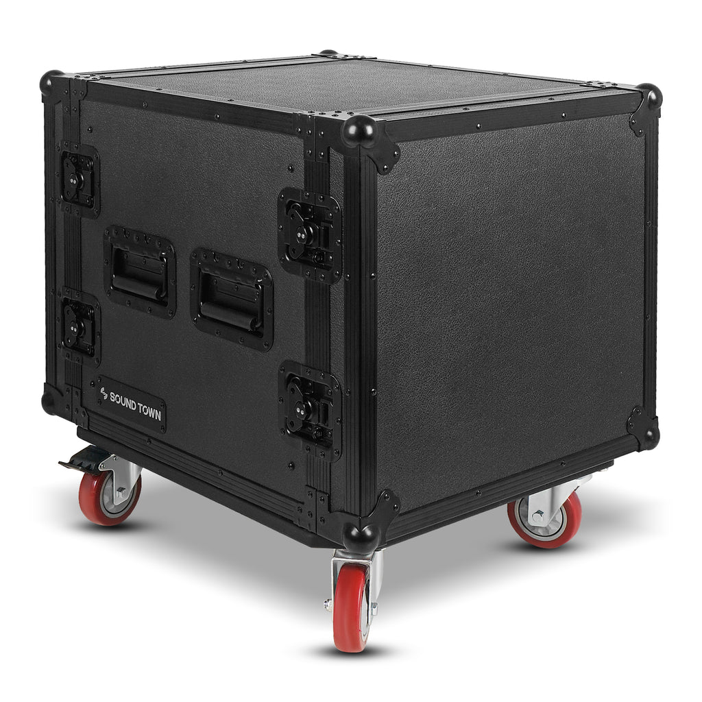 Sound Town STRC-B10UW | Black Series 10U PA/DJ Rack/Road Case with 10-Space, All-Black Anodized Hardware, Plywood, Casters, and 21” Rackable Depth. It is Equipped with Heavy-Duty Twist Latches and Rubber-Gripped Handles for Convenient Portability.