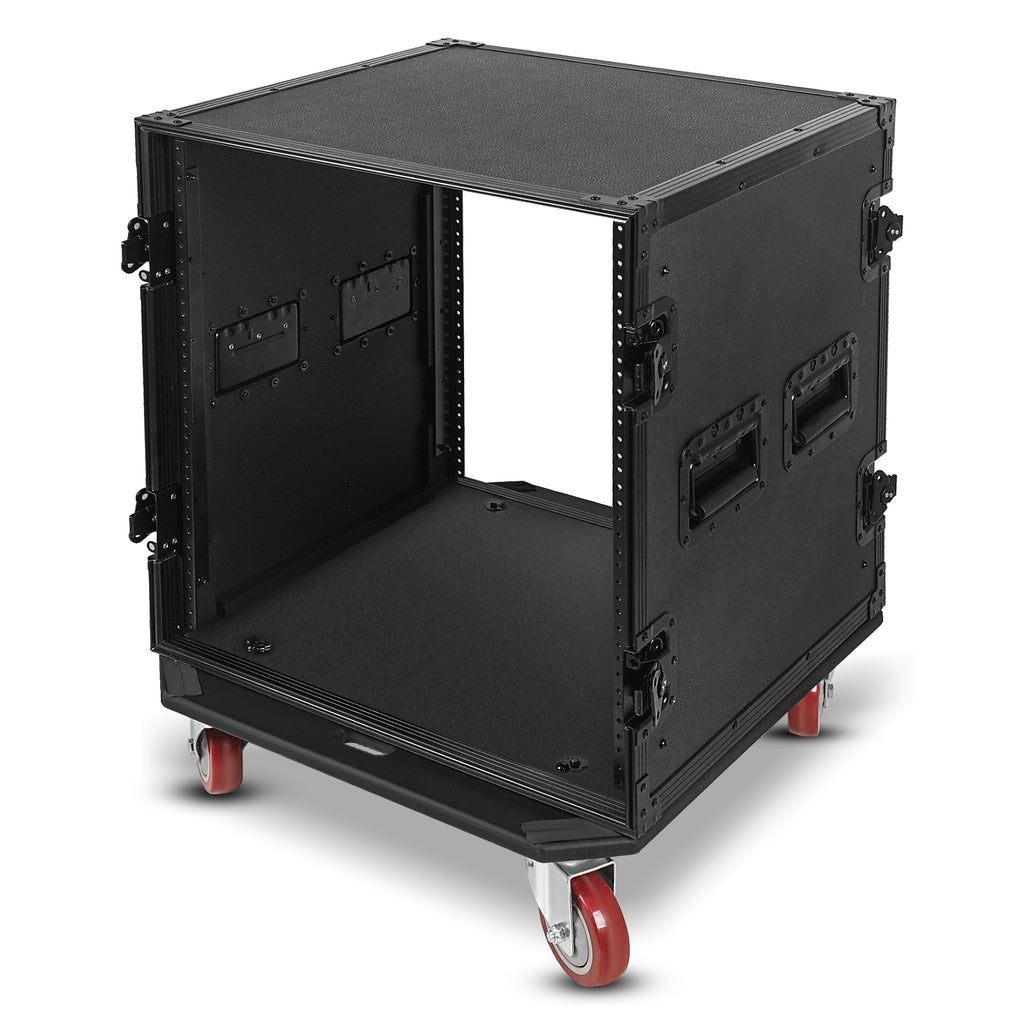Sound Town STRC-B12UW | Black Series 12U PA/DJ Rack/Road Case with 12-Space, All-Black Anodized Hardware, Plywood, Casters, and 21” Rackable Depth.