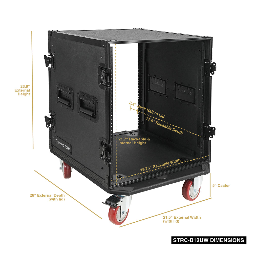 Sound Town STRC-B12UW | Black Series 12U PA/DJ Rack/Road Case with 12-Space, All-Black Anodized Hardware, Plywood, Casters, and 21” Rackable Depth - Size and Dimensions