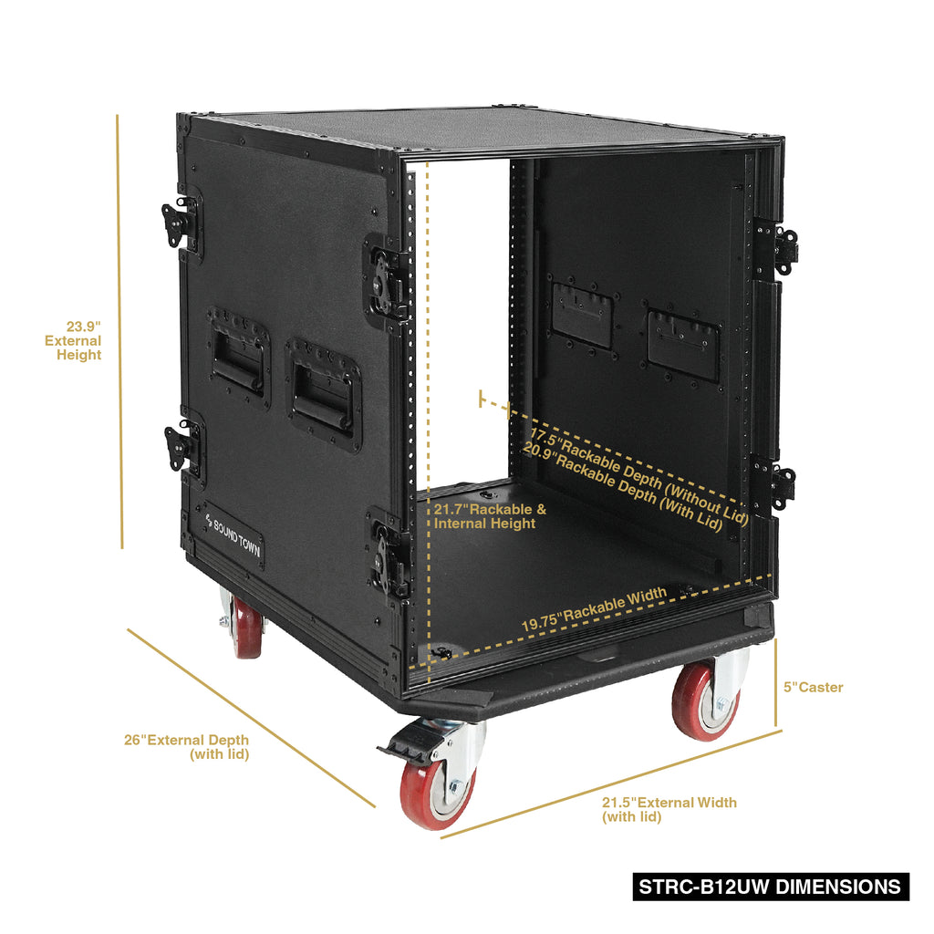 Sound Town STRC-B12UW | Black Series 12U PA/DJ Rack/Road Case with 12-Space, All-Black Anodized Hardware, Plywood, Casters, and 21” Rackable Depth - Size and Dimensions