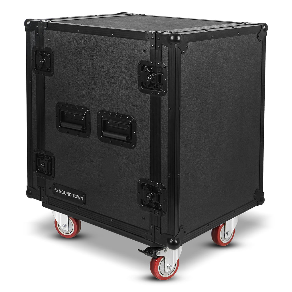 Sound Town STRC-B14UW | Black Series 14U PA/DJ Rack/Road Case with 14-Space, All-Black Anodized Hardware, Plywood, Casters, and 21” Rackable Depth. It is Equipped with Heavy-Duty Twist Latches and Rubber-Gripped Handles for Convenient Portability.