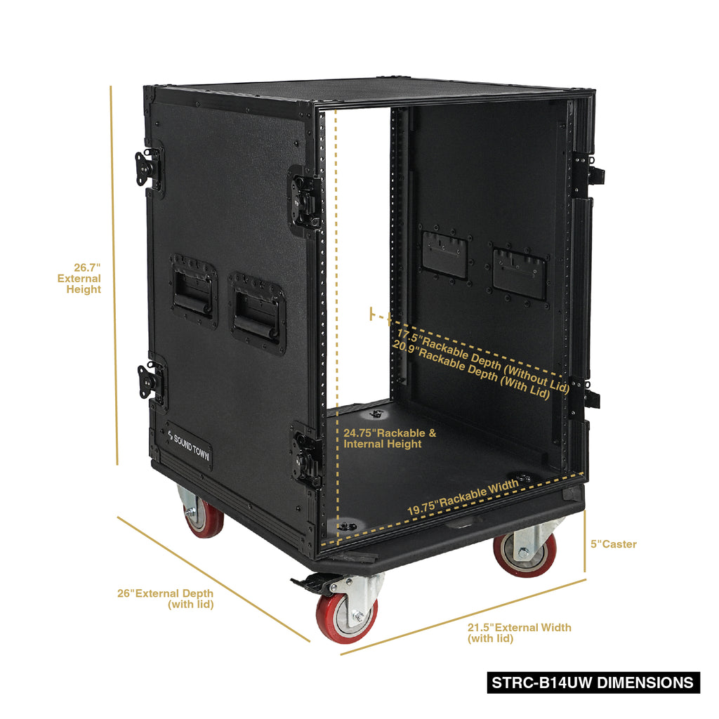 Sound Town STRC-B14UW | Black Series 14U PA/DJ Rack/Road Case with 14-Space, All-Black Anodized Hardware, Plywood, Casters, and 21” Rackable Depth - Size and Dimensions