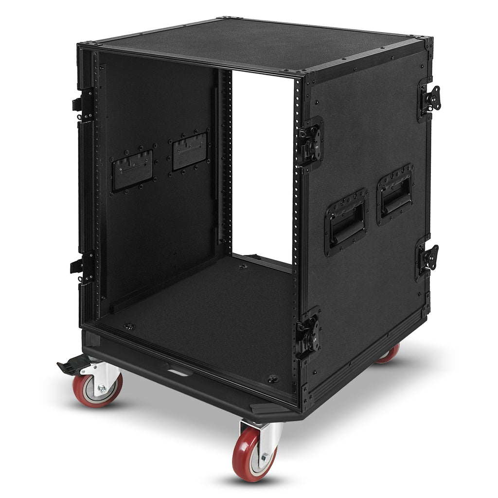 Sound Town STRC-B14UW-R | REFURBISHED: Black Series 14U PA/DJ Rack/Road Case with 14-Space, All-Black Anodized Hardware, Plywood, Casters, and 21” Rackable Depth.