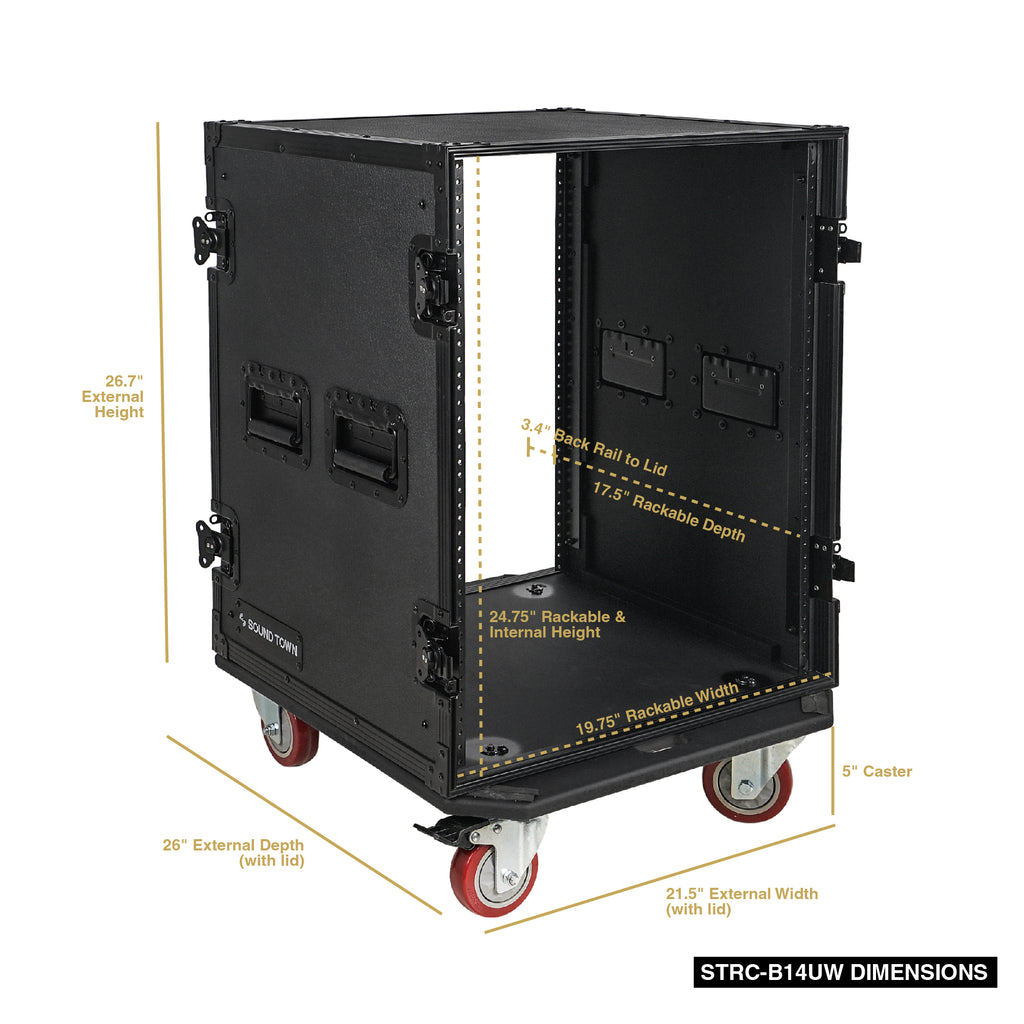 Sound Town STRC-B14UW-R | REFURBISHED: Black Series 14U PA/DJ Rack/Road Case with 14-Space, All-Black Anodized Hardware, Plywood, Casters, and 21” Rackable Depth - Size and Dimensions