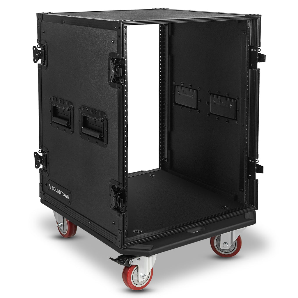 Sound Town STRC-B14UW-R | REFURBISHED: Black Series 14U PA/DJ Rack/Road Case with 14-Space, All-Black Anodized Hardware, Plywood, Casters, and 21” Rackable Depth - Internal Compartment