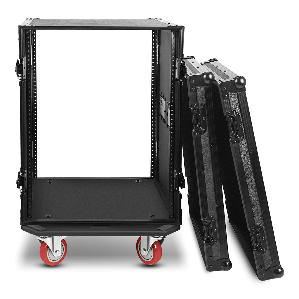 Sound Town STRC-B14UW-R | REFURBISHED: Black Series 14U PA/DJ Rack/Road Case with 14-Space, All-Black Anodized Hardware, Plywood, Casters, and 21” Rackable Depth - Removable Cover Lids