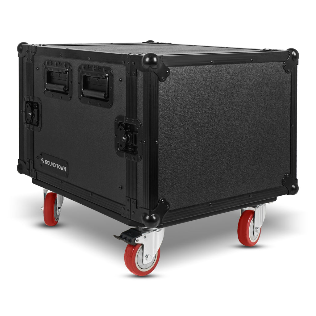 Sound Town STRC-B8UW | Black Series 8U PA/DJ Rack/Road Case with 8-Space, All-Black Anodized Hardware, Plywood, Casters, and 21” Rackable Depth.  It is Equipped with Heavy-Duty Twist Latches and Rubber-Gripped Handles for Convenient Portability.