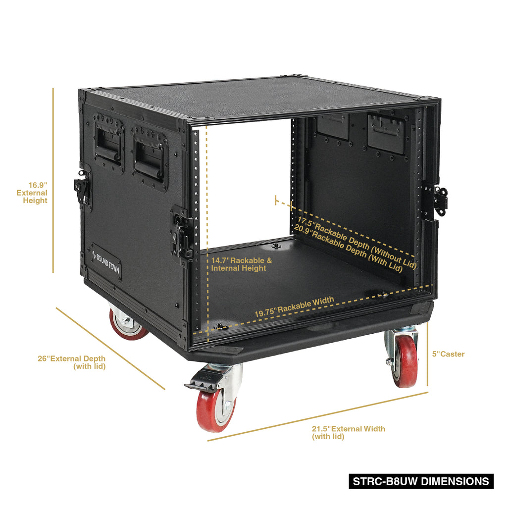 Sound Town STRC-B8UW | Black Series 8U PA/DJ Rack/Road Case with 8-Space, All-Black Anodized Hardware, Plywood, Casters, and 21” Rackable Depth - Size and Dimensions