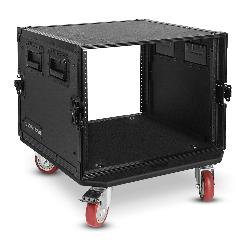 Sound Town STRC-B8UW | Black Series 8U PA/DJ Rack/Road Case with 8-Space, All-Black Anodized Hardware, Plywood, Casters, and 21” Rackable Depth - Internal Compartment