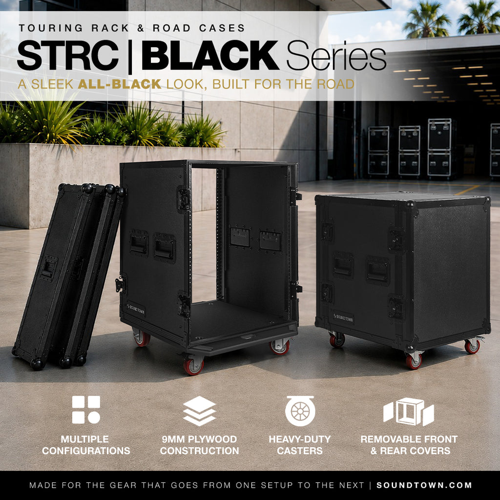 The Sound Town STRC Black Series features touring rack and road cases designed to protect and organize rackmount gear for live sound, mobile production, DJ, and touring applications. Available in different size options, the lineup combines 9mm plywood construction, heavy-duty casters, removable front and rear covers, and all-black anodized hardware, with shock-mount versions available in select sizes for added protection during travel and storage. 